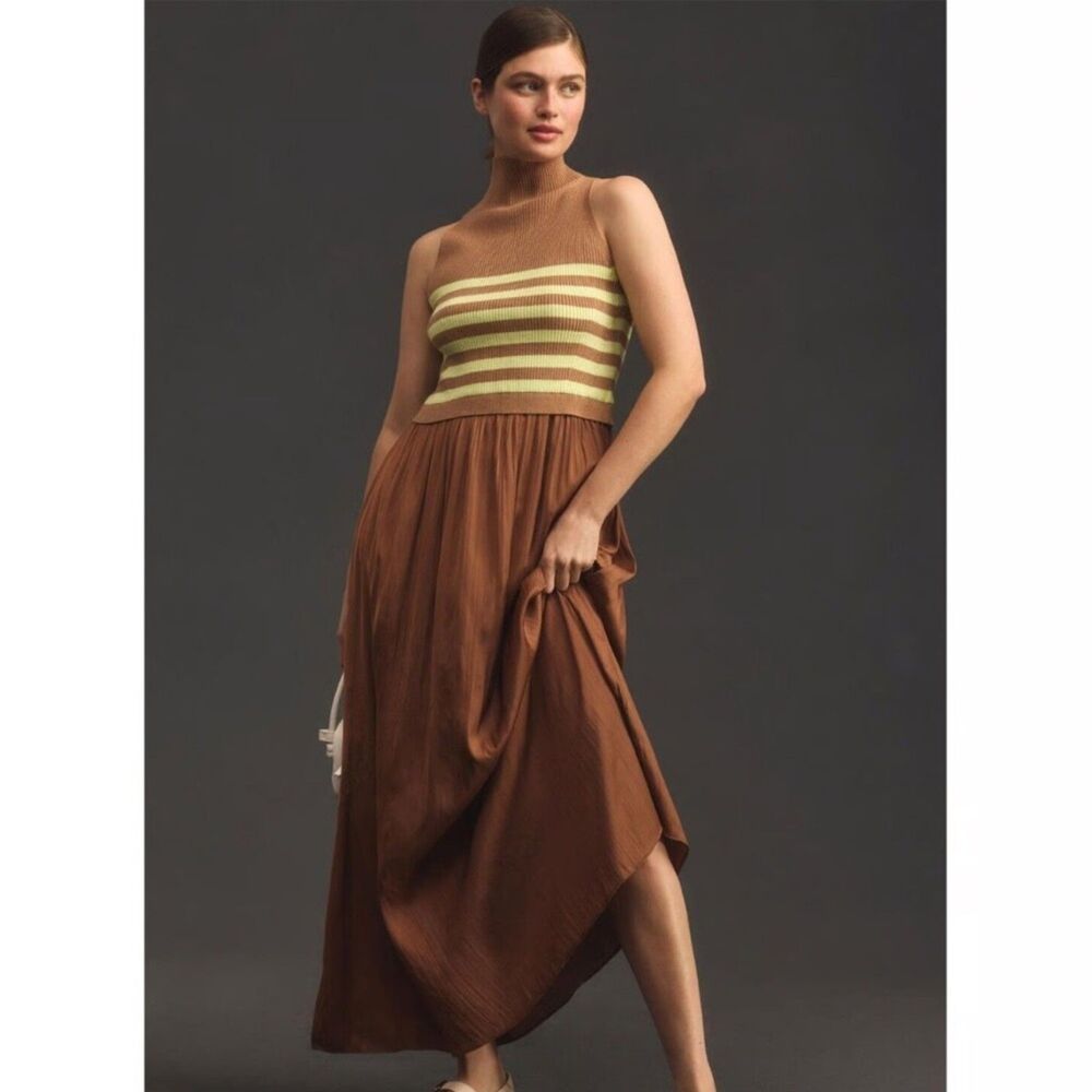 By Anthropologie Sweater Dress Maxi Thea Twofer Sleeveless Brown Stripe 3X XXXL